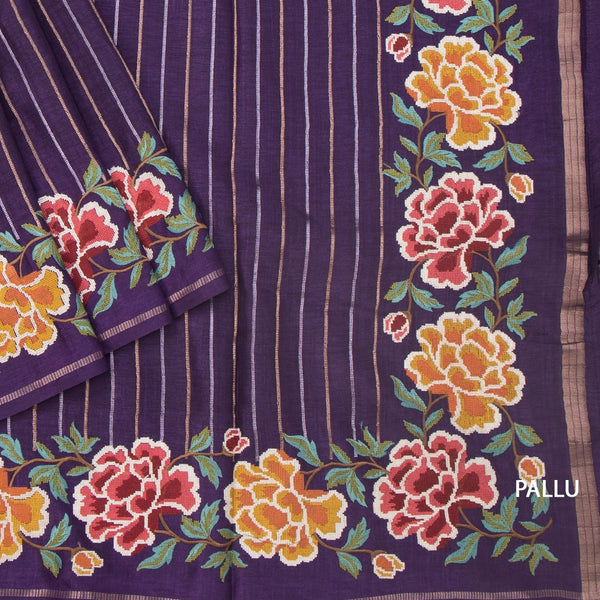 KSRTSR42224-3-Raw-Silk-Dark-Purple-Zari-Stripes-Saree-And-Floral-Thread-Border-pallu
