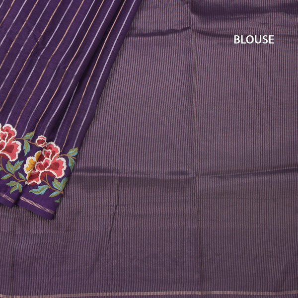 KSRTSR42224-4-Raw-Silk-Dark-Purple-Zari-Stripes-Saree-And-Floral-Thread-Border-blouse