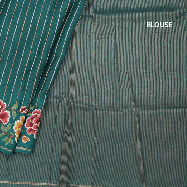 KSRTSR42225-4-Raw-Silk-Teal-Green-Zari-Stripes-Saree-And-Floral-Thread-Border-blouse