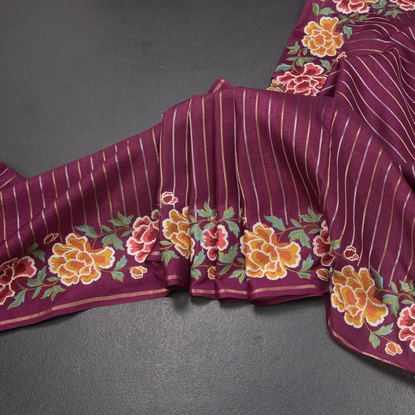 KSRTSR42227-Raw-Silk-Wine-Colour-Zari-Stripes-Saree-And-Floral-Thread-Border-main