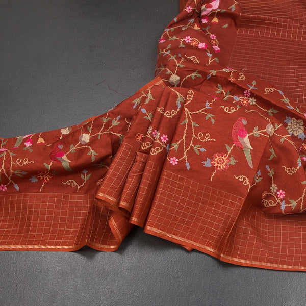 KSRTSR42303-Raw-Silk-Rust-Brown-Thread-Work-Saree-With-Birds-Design-main