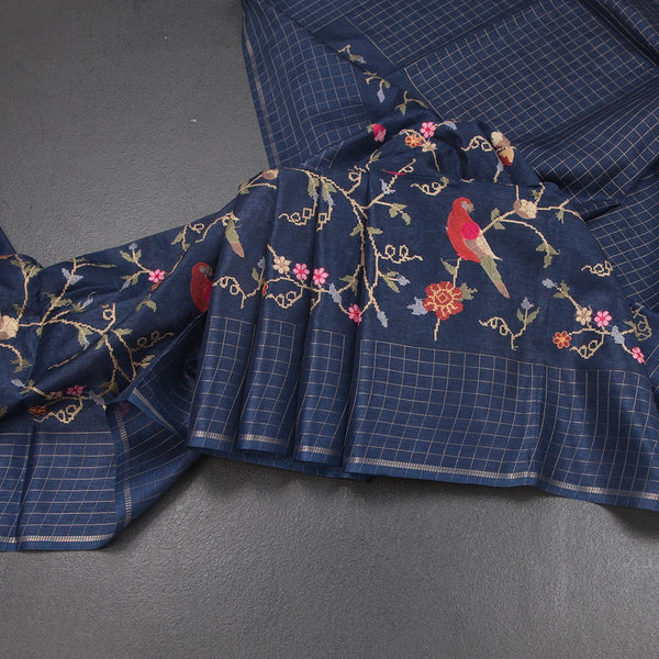 KSRTSR42305-Raw-Silk-Dark-Blue-Thread-Work-Saree-With-Birds-Design-main