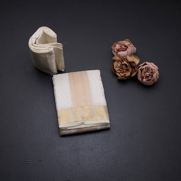 Cream Semi Silk 8 Mozham Dhoti With Angavastram and Matching Shirt Material
