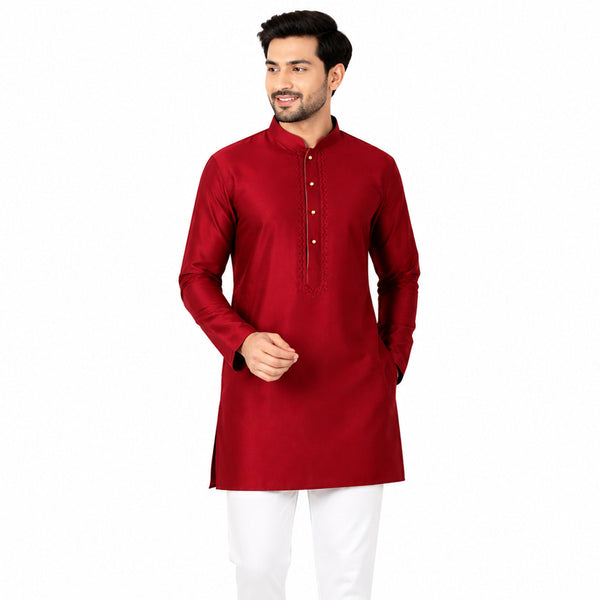 Semi Silk Red Plain 3/4 Kurta