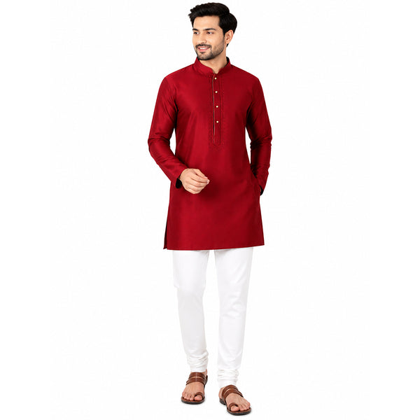 Semi Silk Red Plain 3/4 Kurta