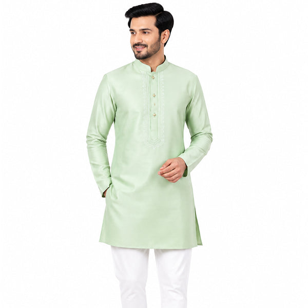 Semi Silk Pista Green Plain 3/4 Kurta