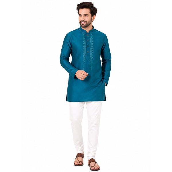 Semi Silk Peacock Blue Plain 3/4 Kurta