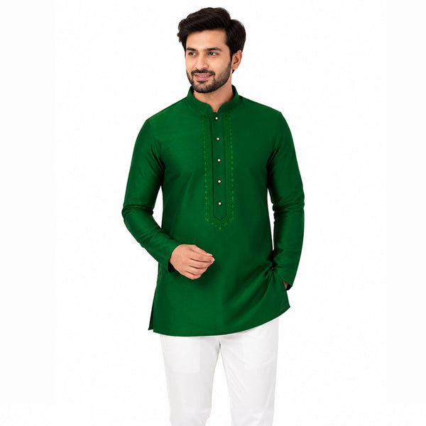Semi Silk Dark Green Plain 3/4 Kurta