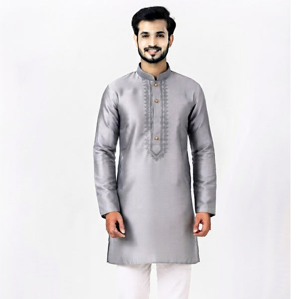 Semi Silk Grey Plain 3/4 Kurta