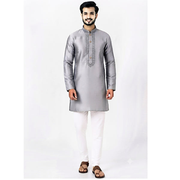 Semi Silk Grey Plain 3/4 Kurta