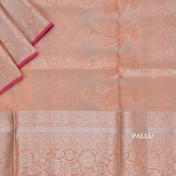 Peach Brocade Soft Silk Saree With Silver Zari Work - Kumaran Silks