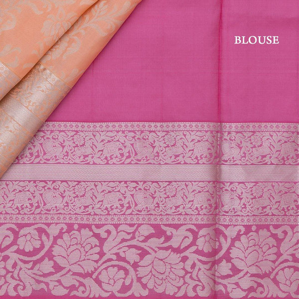 Peach Brocade Soft Silk Saree With Silver Zari Work - Kumaran Silks