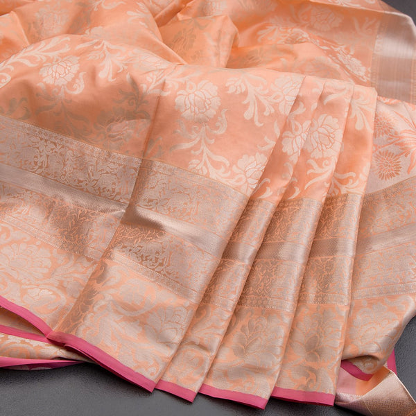 Peach Brocade Soft Silk Saree With Silver Zari Work