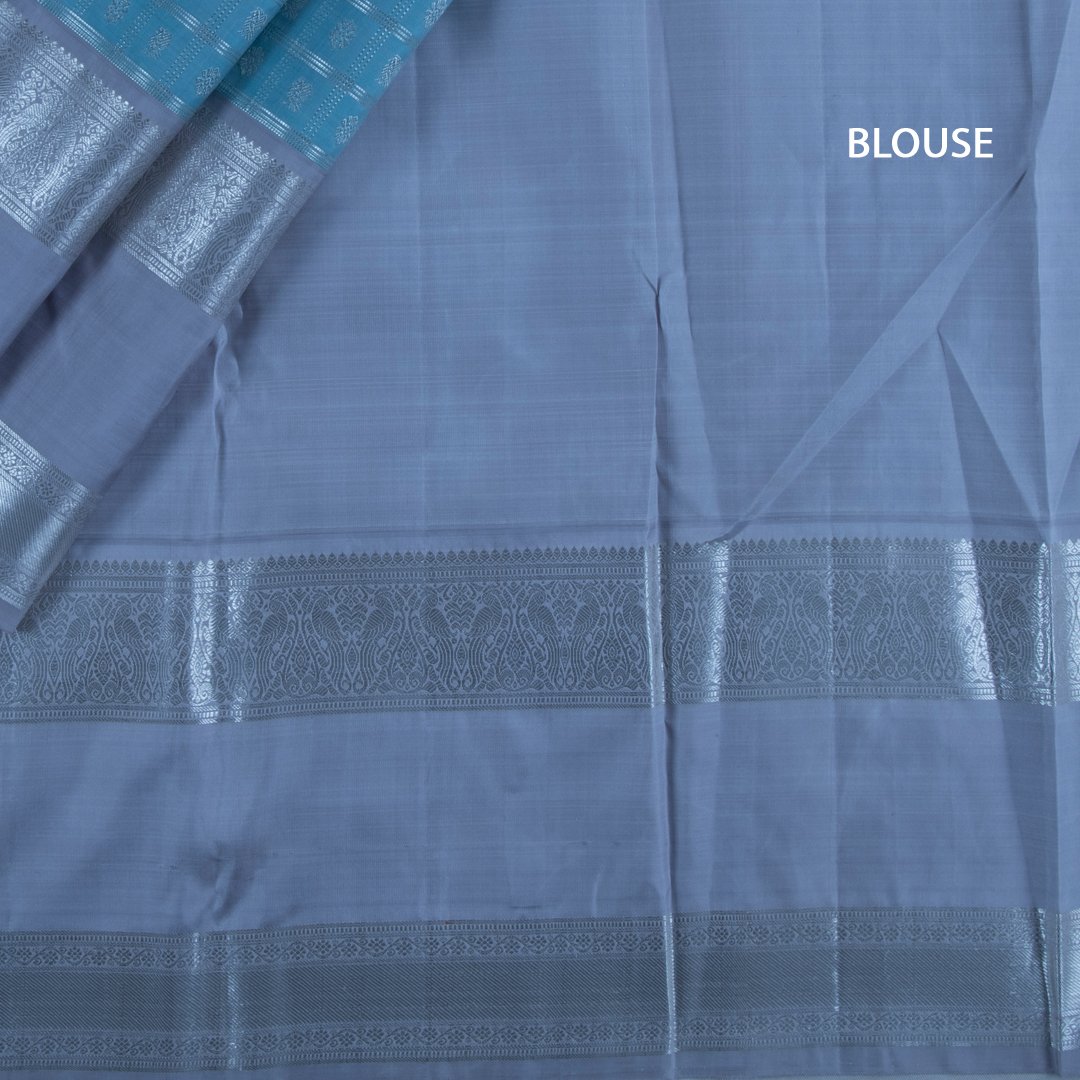 Sky Blue Handloom Checked Silk Saree With Silver Zari Buttas