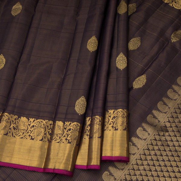 Dark Brown Silk Saree With Striped Design And Zari Border - Kumaran Silks