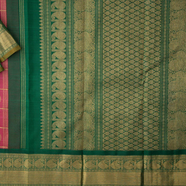 Rose Pink Checked Silk Saree With Green Border - Kumaran Silks