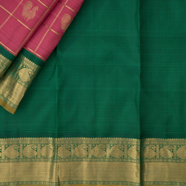 Rose Pink Checked Silk Saree With Green Border - Kumaran Silks