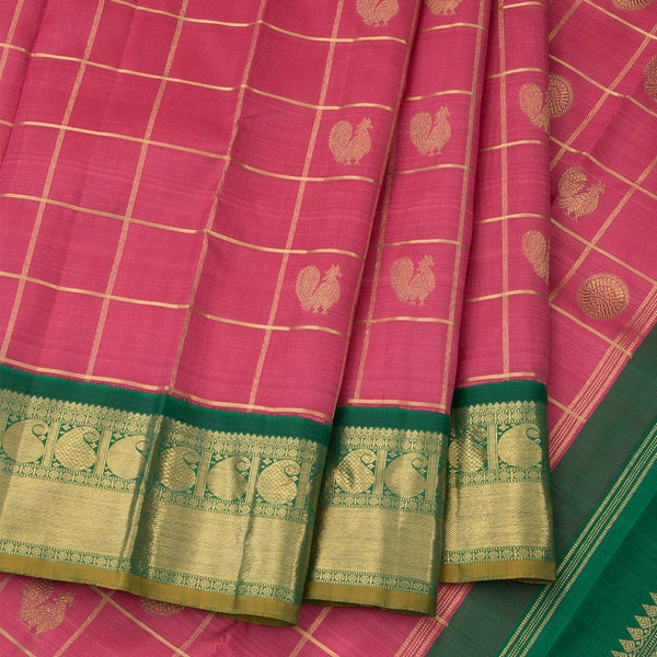 Rose Pink Checked Silk Saree With Green Border - Kumaran Silks
