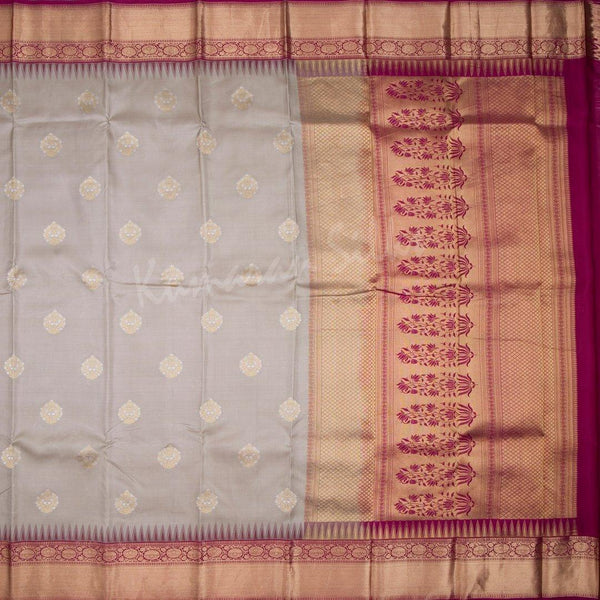 Grey Silk Saree With Zari Buttas And Temple Border - Kumaran Silks
