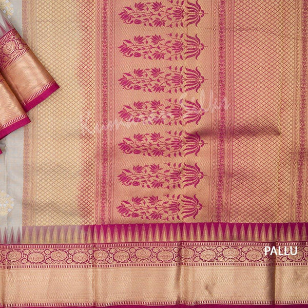 Grey Silk Saree With Zari Buttas And Temple Border - Kumaran Silks