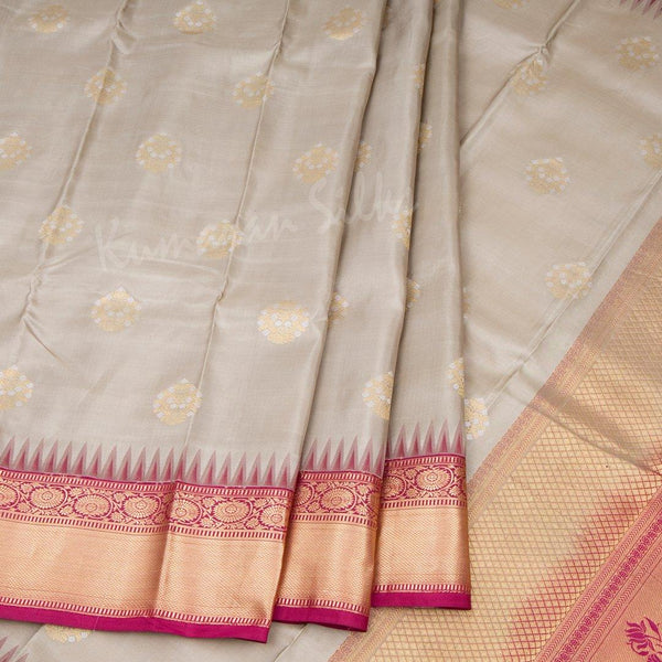 Grey Silk Saree With Zari Buttas And Temple Border - Kumaran Silks