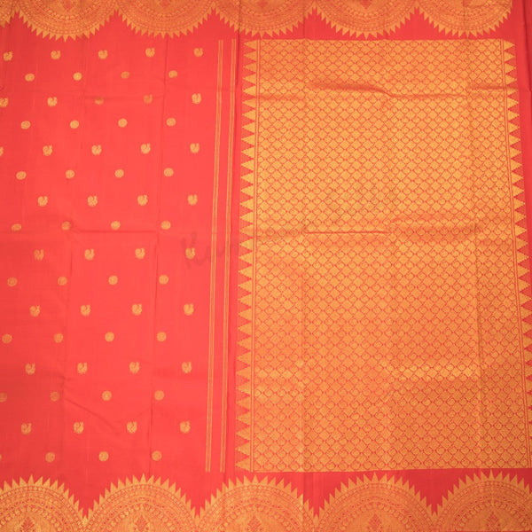 Red Silk Saree With Chakra And Peacock Buttas And Temple Design On Pallu - Kumaran Silks