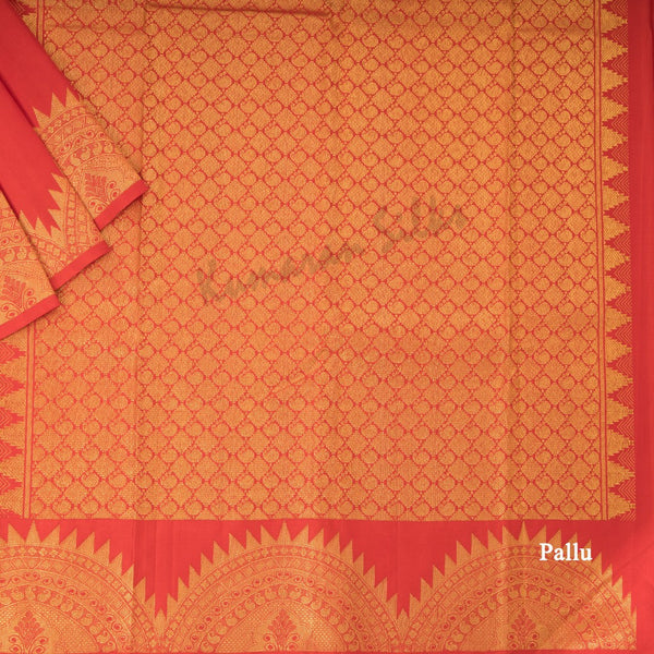 Red Silk Saree With Chakra And Peacock Buttas And Temple Design On Pallu - Kumaran Silks