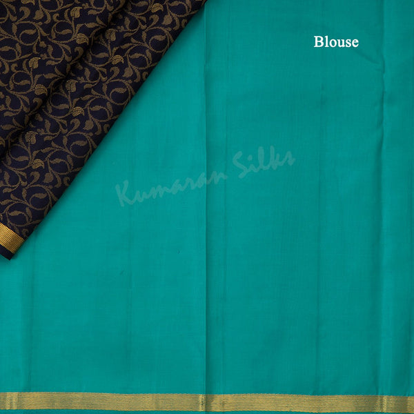 Navy Blue Brocade Silk Saree With Ribbon Zari Border - Kumaran Silks