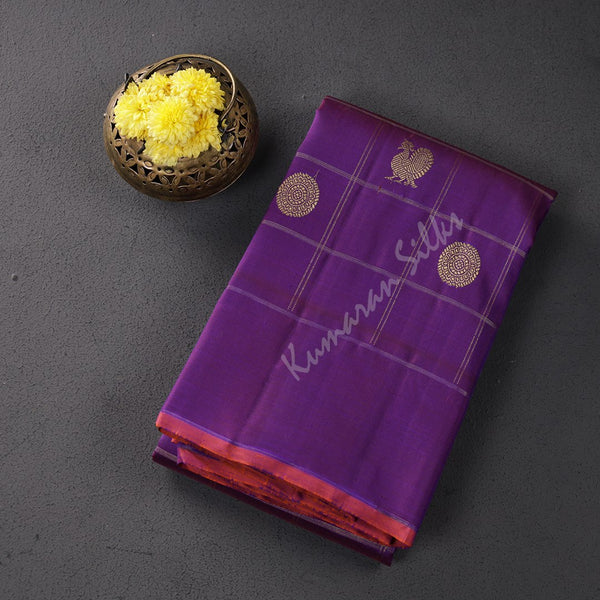 Purple Checked Silk Saree With Peacock And Chakra Buttas And Self Border