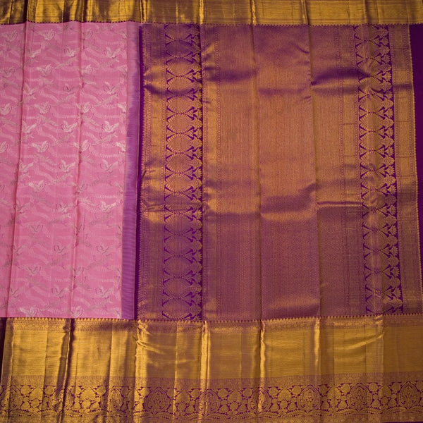 Rose Pink Silk Saree With Birds Design In Silver Zari And Purple Zari Border