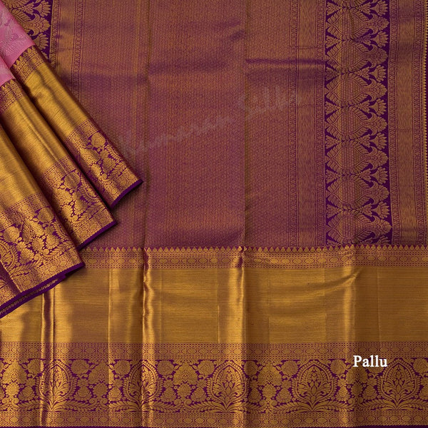 Rose Pink Silk Saree With Birds Design In Silver Zari And Purple Zari Border