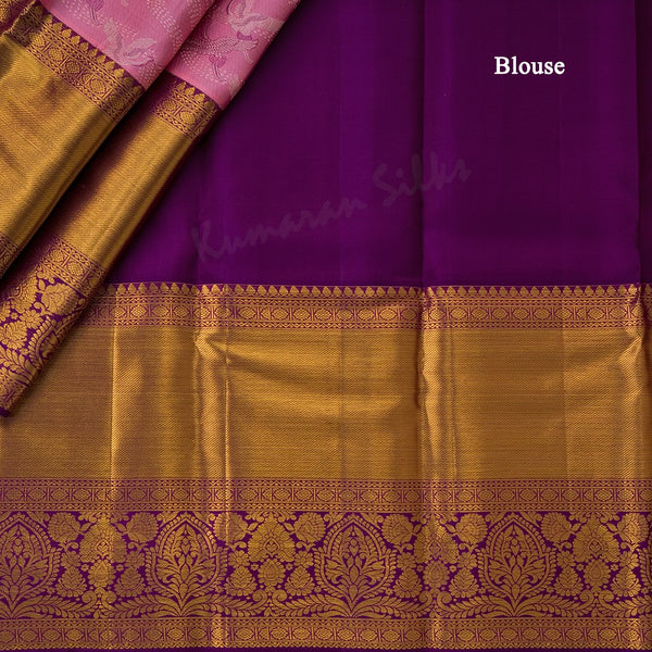 Rose Pink Silk Saree With Birds Design In Silver Zari And Purple Zari Border