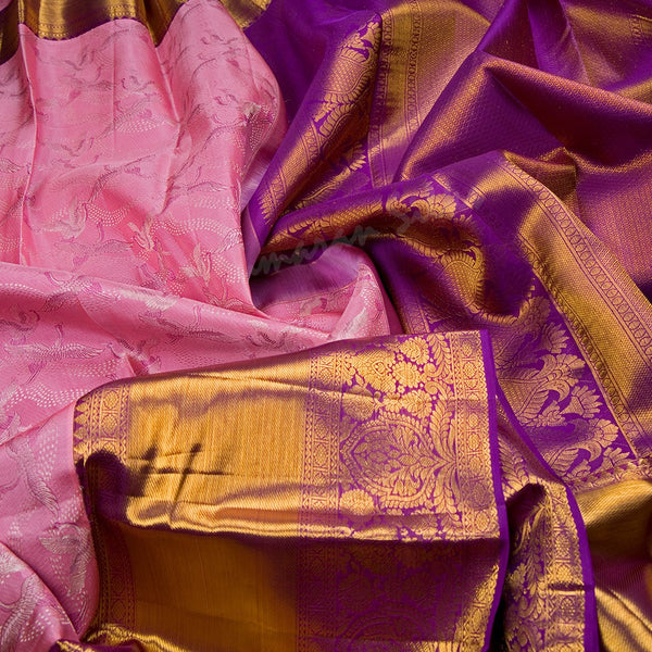 Rose Pink Silk Saree With Birds Design In Silver Zari And Purple Zari Border