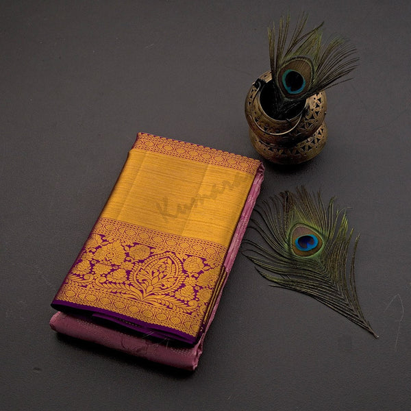 Rose Pink Silk Saree With Birds Design In Silver Zari And Purple Zari Border