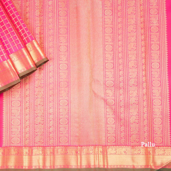 Pink Checked Silk Saree In Gold Zari And Zari Boder