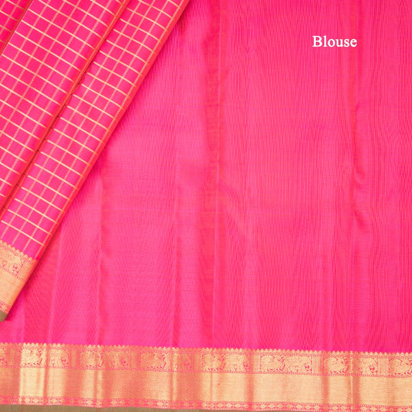 Pink Checked Silk Saree In Gold Zari And Zari Boder