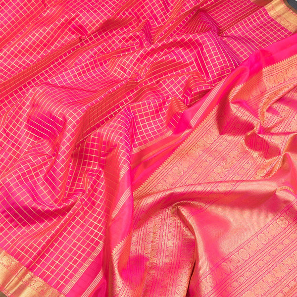 Pink Checked Silk Saree In Gold Zari And Zari Boder