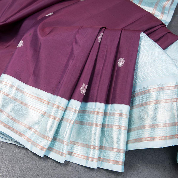 Dark Purple Silk Saree With Silver Peacock And Chakra Buttas And Silver Zari Border
