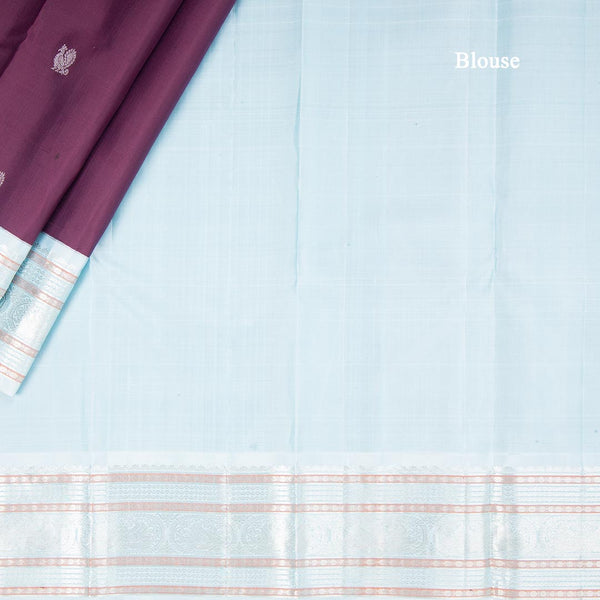 Dark Purple Silk Saree With Silver Peacock And Chakra Buttas And Silver Zari Border