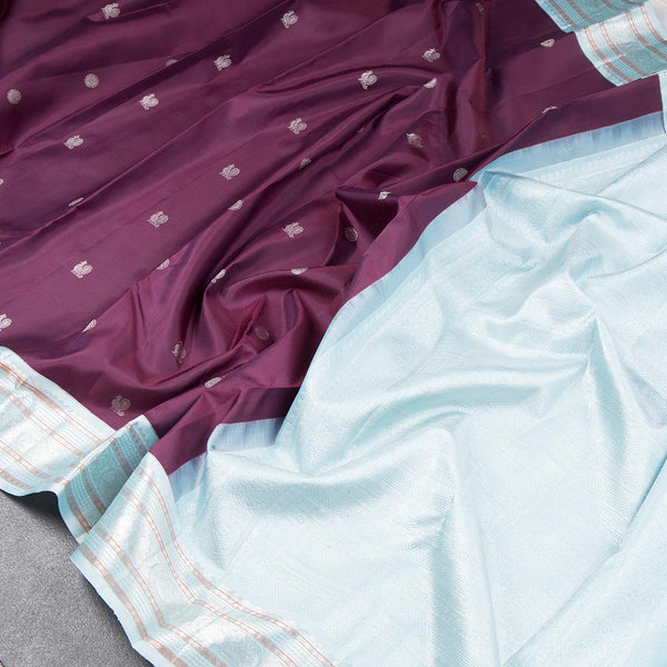 Dark Purple Silk Saree With Silver Peacock And Chakra Buttas And Silver Zari Border