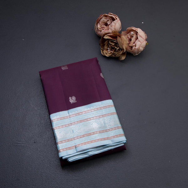 Dark Purple Silk Saree With Silver Peacock And Chakra Buttas And Silver Zari Border