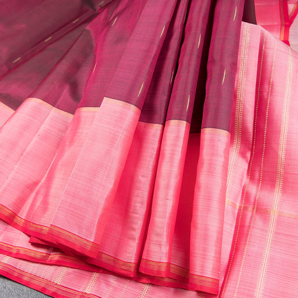 Dark Pink Silk Saree With Malli Moggu Zari Buttas And Pink Border