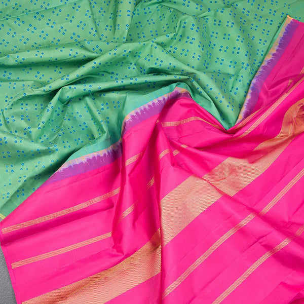 Green Hand Painted Silk Saree In Dot Design With Self Border