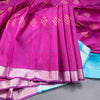 Magenta Pink Checked Silk Saree With Hand Painted In Dot Design And Silver Zari Border