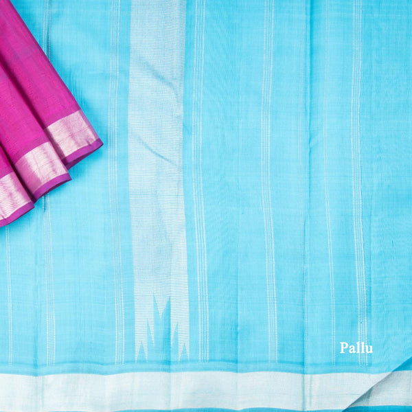 Magenta Pink Checked Silk Saree With Hand Painted In Dot Design And Silver Zari Border
