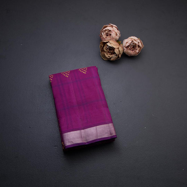 Magenta Pink Checked Silk Saree With Hand Painted In Dot Design And Silver Zari Border