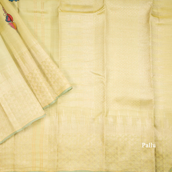 Pista Green Hand Painted Silk Saree In Peacock Design And Temple Zari Border