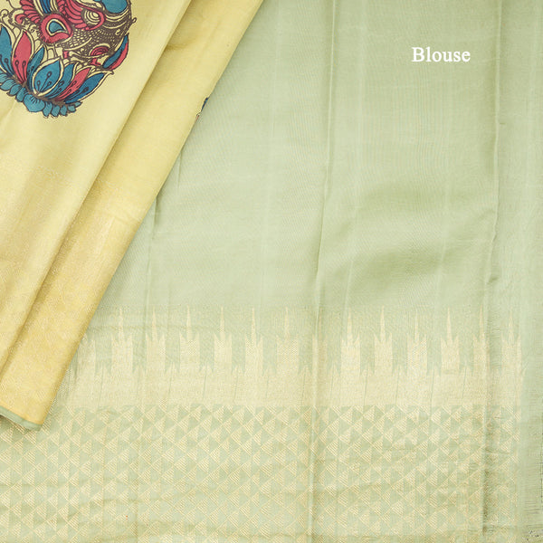 Pista Green Hand Painted Silk Saree In Peacock Design And Temple Zari Border