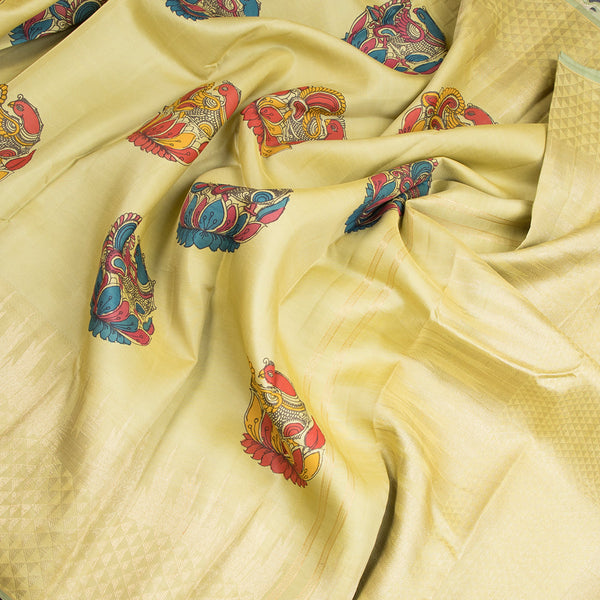 Kalamkari Pista Green Hand Painted Silk Saree In Peacock Design And Temple Zari Border