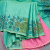 Peacock Green Plain Silk Saree With Hand Painted Kalamkari Design Border